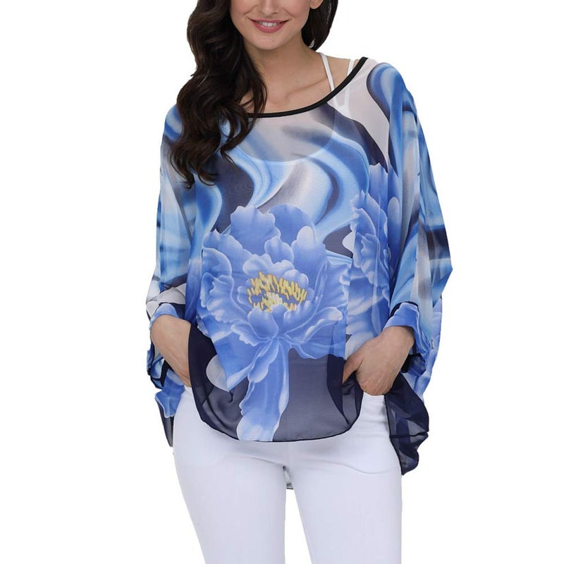 Ckikiou Plus Size Batwing Flowy Semi Sheer Chiffon Blouse Tunic for Women Summer Floral Print Boho Beach Cover ups - Image 1